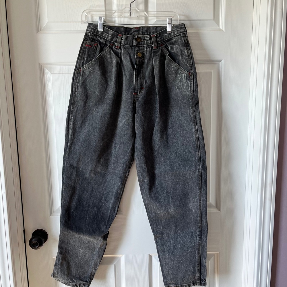Vintage Zena Acid Wash Jeans Red Stitching High‎ Waist Pleated Tapered Leg